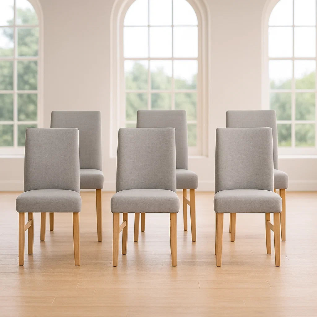 Lot de 6 chaises de salle à manger en tissu polyester gris avec structure en bois clair