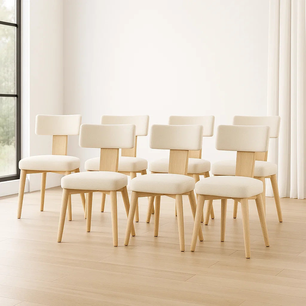 Lot de 7 chaises de salle à manger en tissu crème et bois de hêtre