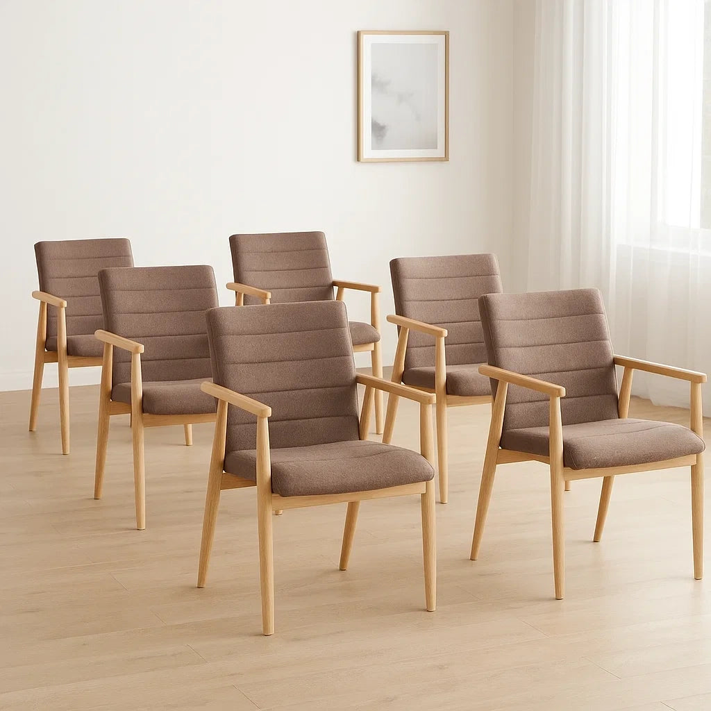 Lot de 6 chaises de salle à manger en bois avec assise en tissu brun
