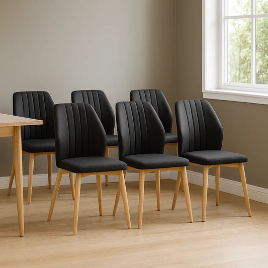 Lot de 6 chaises de salle à manger en tissu polyester noir avec pieds en bois de hêtre 45x50x90 cm