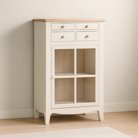 Vitrines en bois blanc avec tiroirs et porte en verre 120x80x40 cm